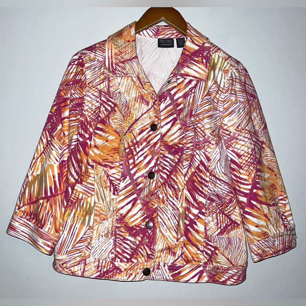Chico’s Tropical Palm Print Button Down Denim Jean Jacket Sz M